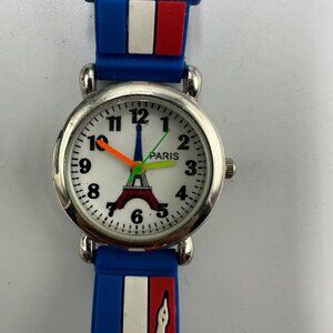 3/$30 Paris Eiffel Tower Watch Girls Silver Tone Red White Blue Band  7.5"